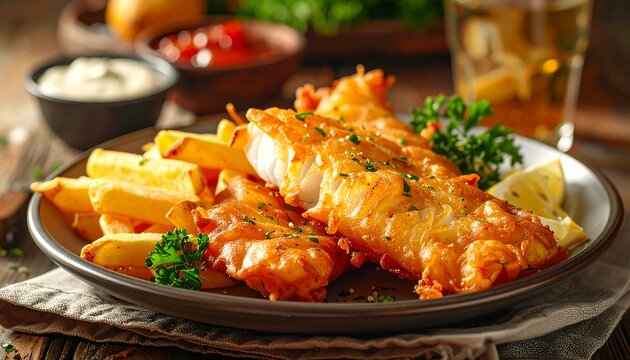 Crispy fried fish and french fries served on a plate with a side of lemon wedges and dipping sauces.