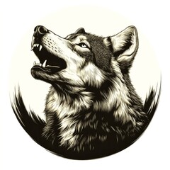 Howling wolf illustration surrounded by a circular design with intricate detailing and contrasting