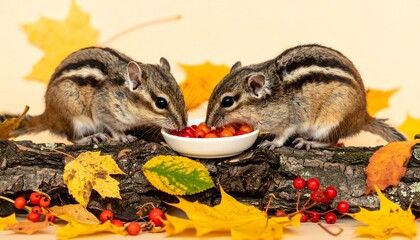 Two Chipmunks Enjoying a Meal of Berries Amongst Fall Foliage