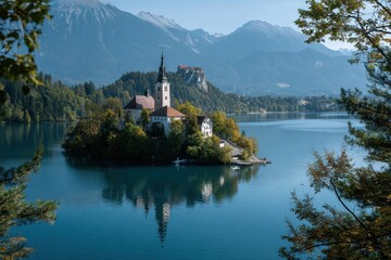 Fototapeta premium Exploring the beauty of Lake Bled with family on a sunny day in Slovenia, enjoying outdoor adventures and scenic views