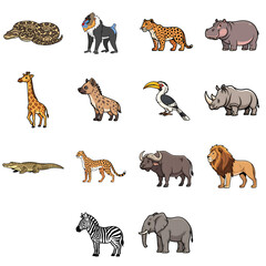 Set of 14 cute cartoon African safari animals. Wild animal characters collection for kids including lion, elephant, giraffe, and zebra. Isolated on white background.