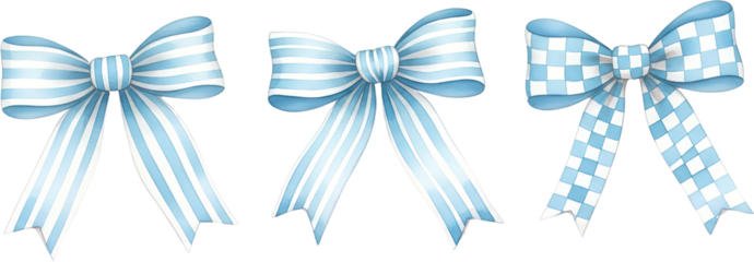 Three watercolor bows in blue and white patterns one striped one with wider stripes one checkered with a transparent background ribbon decorative graphic