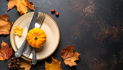 Thanksgiving Table Setting with Mini Pumpkin and Autumn Leaves