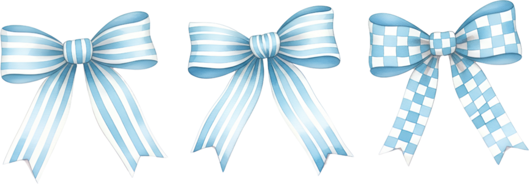 Three watercolor bows in blue and white patterns one striped one with wider stripes one checkered with a transparent background ribbon decorative graphic