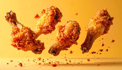 Crispy fried chicken drumsticks appear to float in mid-air against a bright, warm background, showcasing the delicious, golden-brown exterior.