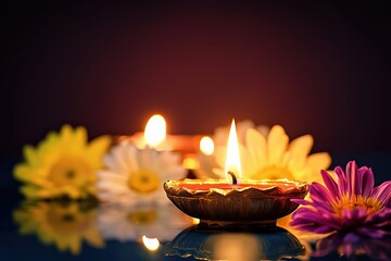 Diya oil lamp burning with a warm flame, surrounded by vibrant flowers and their reflections on a dark surface