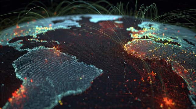 Dynamic digital globe with glowing data connections illustrating global network traffic and information flow across continents, perfect for technology and business presentations