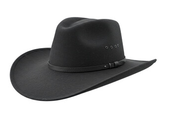 Isolated black felt cowboy hat with leather band and metal eyelets classic Western style fashion accessory headwear
