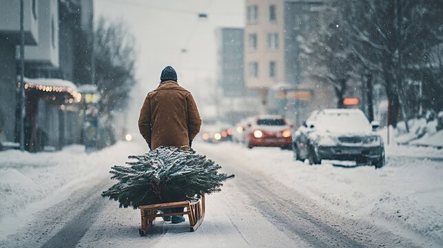 Person pulling a freshly cut christmas tree on a wooden sled through a snowy city street during winter, preparing for the holiday season while snow falls creating a festive atmosphere
