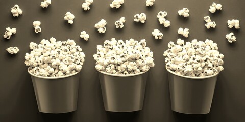 Three cups overflowing with freshly popped popcorn against a background create a festive atmosphere for movie night