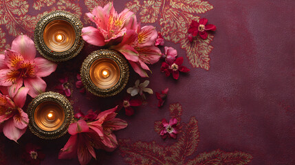 Three golden oil lamps with burning flames and pink flowers on a textured crimson background with...