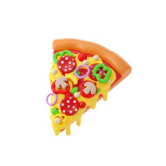 Stylized 3D Cartoon Pizza Slice with Melted Cheese, Colorful Pepperoni, Peppers, and Mushrooms on Transparent Background. No Background PNG