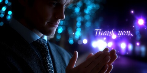 Man expressing gratitude with hands together in a beautifully lit setting at night