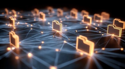 Dynamic digital network of glowing data folders interconnected by luminous lines, symbolizing cloud storage, data transfer, and information sharing in a modern technological landscape.