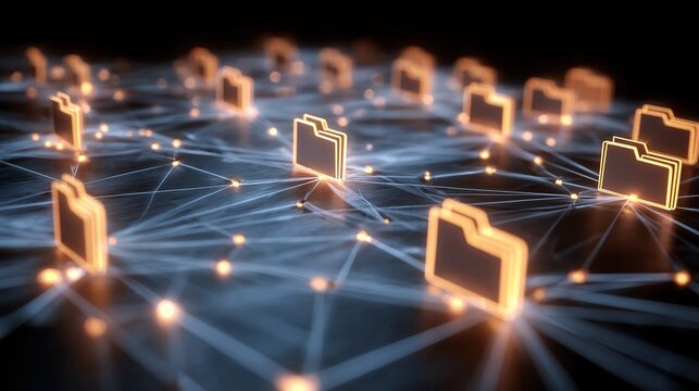 Dynamic digital network of glowing data folders interconnected by luminous lines, symbolizing cloud storage, data transfer, and information sharing in a modern technological landscape.