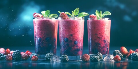 Refreshing berry smoothies served in tall glasses with fresh mint and ice
