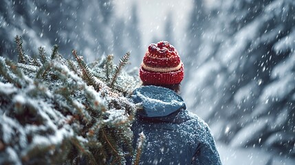 Person carrying a freshly cut christmas tree through a snowy forest, celebrating yuletide holiday traditions and the festive spirit during a cold winter day