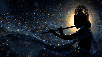 Silhouette of a man playing flute with golden light and sparkling dust, representing a divine figure like Krishna, for spiritual and religious themes. © Alexey