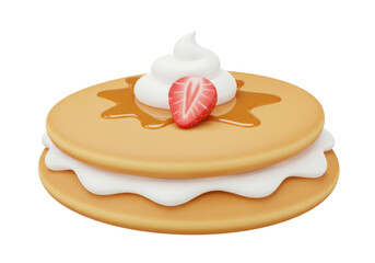 Isolated delicious pancake stack with whipped cream strawberry and golden syrup sweet breakfast dessert food treat snack pastry bakery item