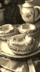 Three delicious egg tarts sit on a plate, ready to be enjoyed with a cup of tea