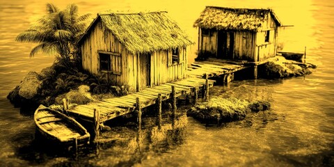 Rustic wooden houses on stilts beside calm waters in a tranquil lagoon with palms at sunset