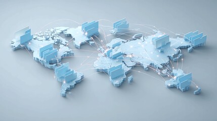 Dynamic global network visualization connecting cities worldwide with digital data streams, representing international business expansion and interconnected communication.