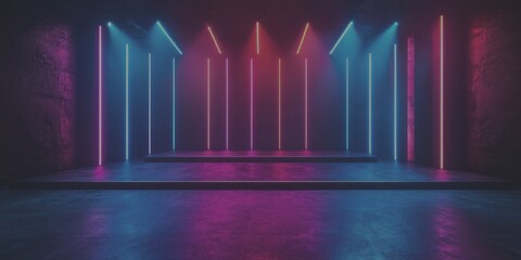 Vibrant neon lights illuminate a modern stage set for an upcoming performance in an urban venue at night - Low Contrast