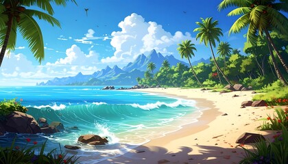 A vibrant tropical beach scene, showcasing lush greenery, towering palm trees, and a serene turquoise ocean, bathed in sunlight.