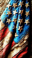 Weathered American flag draped against a textured surface showing signs of age and history - High Contrast