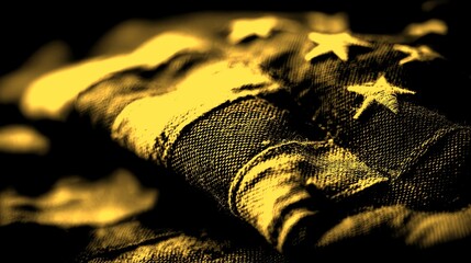 Worn American flag displays history and patriotism through and textures in a close-up view