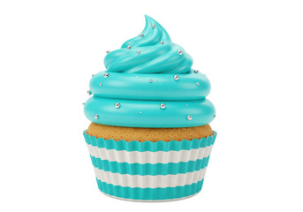 Isolated delicious cupcake with vibrant blue frosting and shiny silver sprinkles in a charming striped wrapper a sweet dessert treat