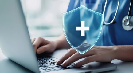 Medical professional typing on laptop, showing a digital shield with a cross symbol, representing healthcare data security and medical insurance