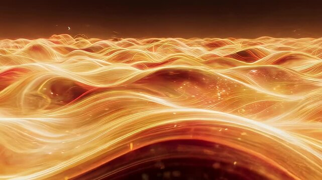 An abstract, wavy landscape of glowing orange and yellow lines. Dark sky with a single highlight