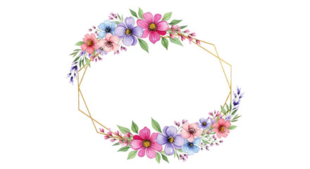 Watercolor Floral Geometric Frame with Pink, Purple, and Blue Flowers and Golden Outline - Elegant Botanical Illustration for Invitations and Designs. PNG Clipart Transparent