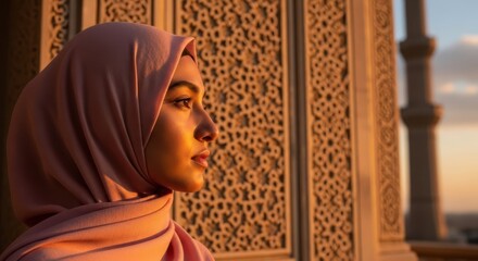 A woman in a hijab gazing outward bathed in the warm hues of golden hour light during sunset