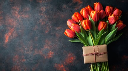 Vibrant Red Tulips with Gift Box on Dark Textured Background
