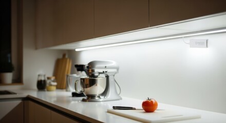 Installation testing scene with illuminated LED strip glowing bright white showcasing energyefficient upgrade for home cooking area.
