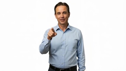 Man points directly at the viewer with a confident expression.