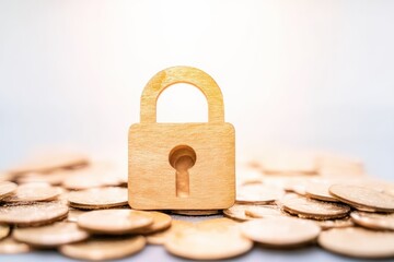Wooden padlock stands on a pile of gold coins, symbolizing financial security, money protection, and investment safety