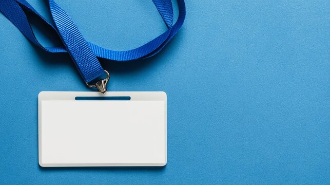 Professional blank identification badge with blue lanyard on textured blue background ready for customization for events, conferences, or corporate access