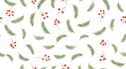 A Repeating Pattern Of Green Fir Branches And Red Berries On A Transparent Background Showcasing Natural Winter Elements Christmas Berry Red Berry Evergreen