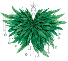 Artistic illustration of a woman with large green feather wings and hanging orbs 80 characters female feathers nature fantasy abstract design graphic creative