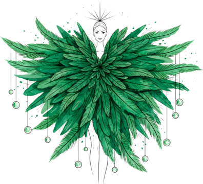 Artistic illustration of a woman with large green feather wings and hanging orbs 80 characters female feathers nature fantasy abstract design graphic creative