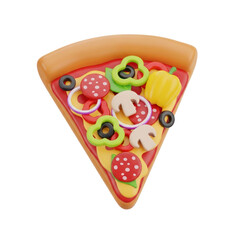 3D Render of a Colorful Pizza Slice with Various Toppings like Pepperoni, Peppers, Olives, Mushrooms, and Onions, isolated for a transparent background design. PNG Transparent Icon