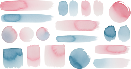 A Collection Of Abstract Watercolor Brush Strokes And Shapes In Soft Pink And Blue Hues On A Transparent Background Showcasing Varied Textures And Forms Art