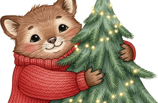 Adorable brown cartoon animal character wearing a red knitted sweater embracing a decorated Christmas tree with string lights Winter Holiday Cute Festive