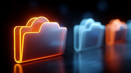 Vibrant neon glowing digital cloud storage icons illuminate a dark, reflective surface creating a modern, futuristic data management concept ideal for tech presentations and cybersecurity themes.