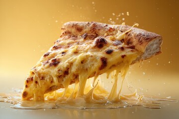 Hot pizza slice with melting cheese dripping on a surface under warm lighting, showcasing delicious textures and flavors in a realistic setting