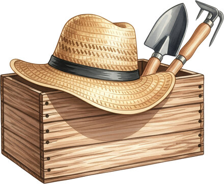 A straw gardening hat rests atop a rustic wooden crate filled with gardening tools including a trowel and a hand cultivator Outdoors Summer Hobby Agriculture - Powered by Adobe