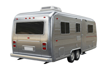 Fototapeta premium Isolated silver vintage travel trailer recreational vehicle camper metallic retro design road trip adventure vacation transport